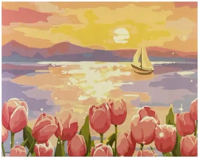Por Do Sol Com Tulipas - Tela Numerada